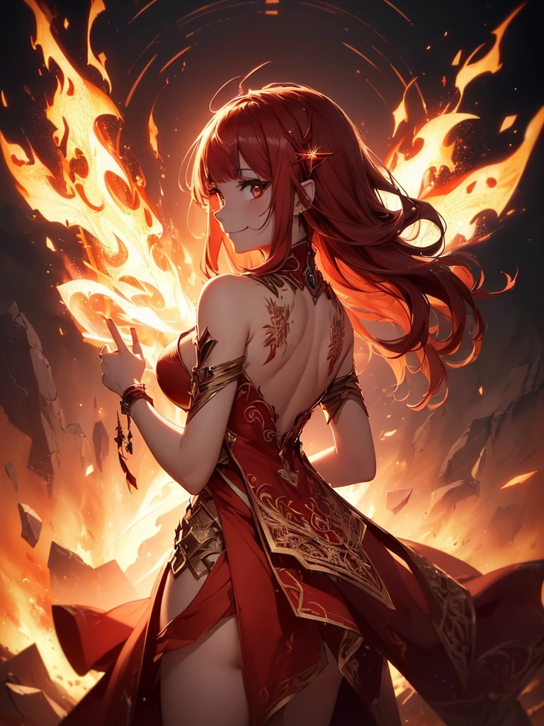 (((best quality, sharp image, clear image, cinematic lighting, 8k resolution, masterpiece, ultra detailed, intricate))) Girl, sorcerer, cute, intricate dress, smiling, fiery red, ((intricate background)), (rune frame), dimension, ((shot from behind)), fire sigils, chaotic background, ((half-body shot))