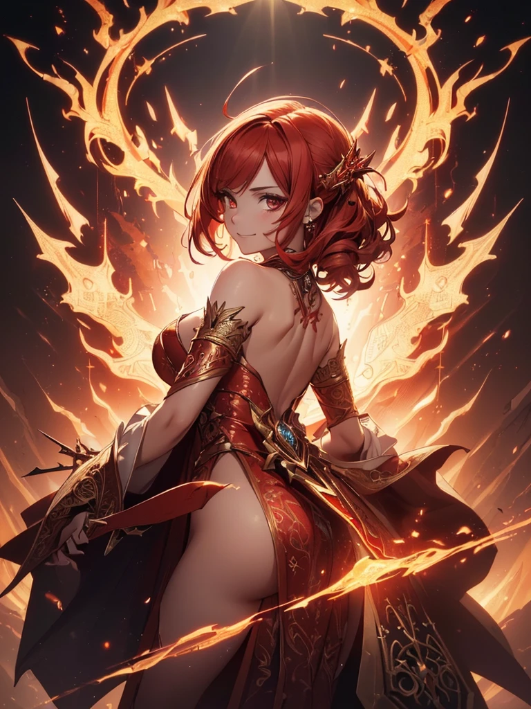 (((best quality, sharp image, clear image, cinematic lighting, 8k resolution, masterpiece, ultra detailed, intricate))) Girl, sorcerer, cute, intricate dress, smiling, fiery red, ((intricate background)), (rune frame), dimension, ((shot from behind)), fire sigils, chaotic background, ((half-body shot))