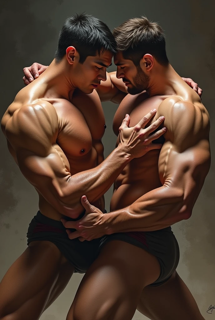 2 muscular men naked wrestle , fully nude, handsome, one asian , one European