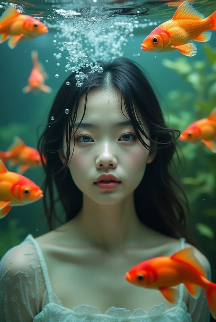 An 8K photo of a young Korean woman with wet hair underwater. She has bright blue eyes and is surrounded by orange goldfish. The background is blurred and contains plants. The photo has a dreamy atmosphere and soft lighting.