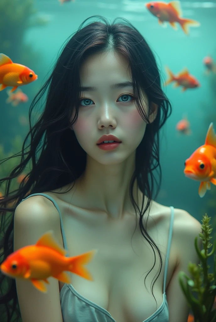 An 8K photo of a young Korean woman with wet hair underwater. She has bright blue eyes and is surrounded by orange goldfish. The background is blurred and contains plants. The photo has a dreamy atmosphere and soft lighting.