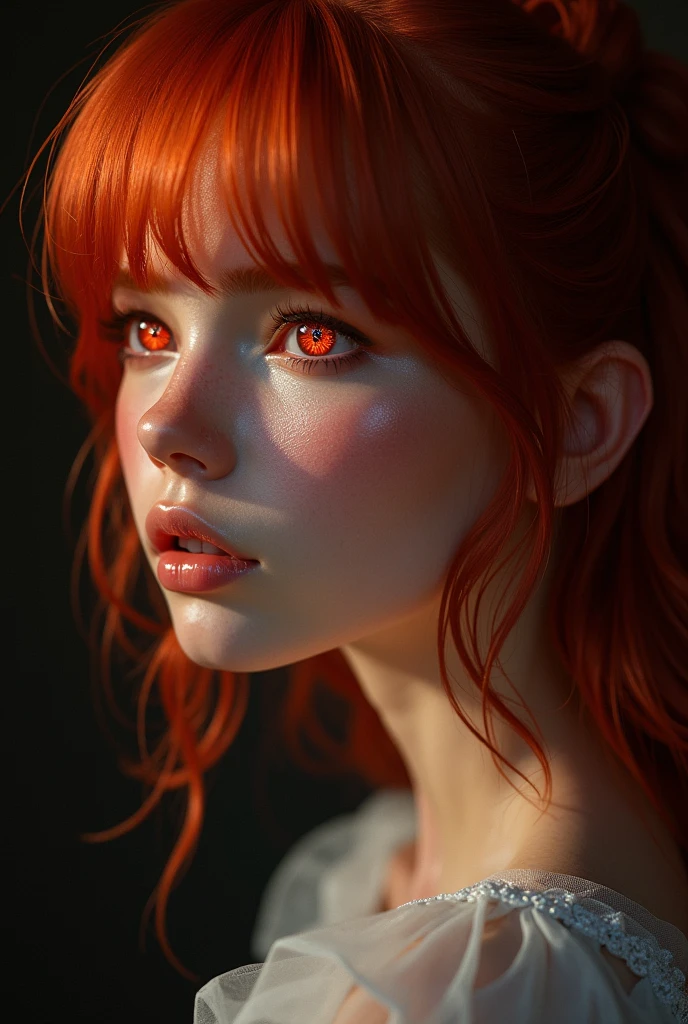 1 girl, star eye, blush, perfect lighting, Red hair, Eyes red, engine unreal, side lighting, face detailed, bangss, shining skin, simple background, darkness background