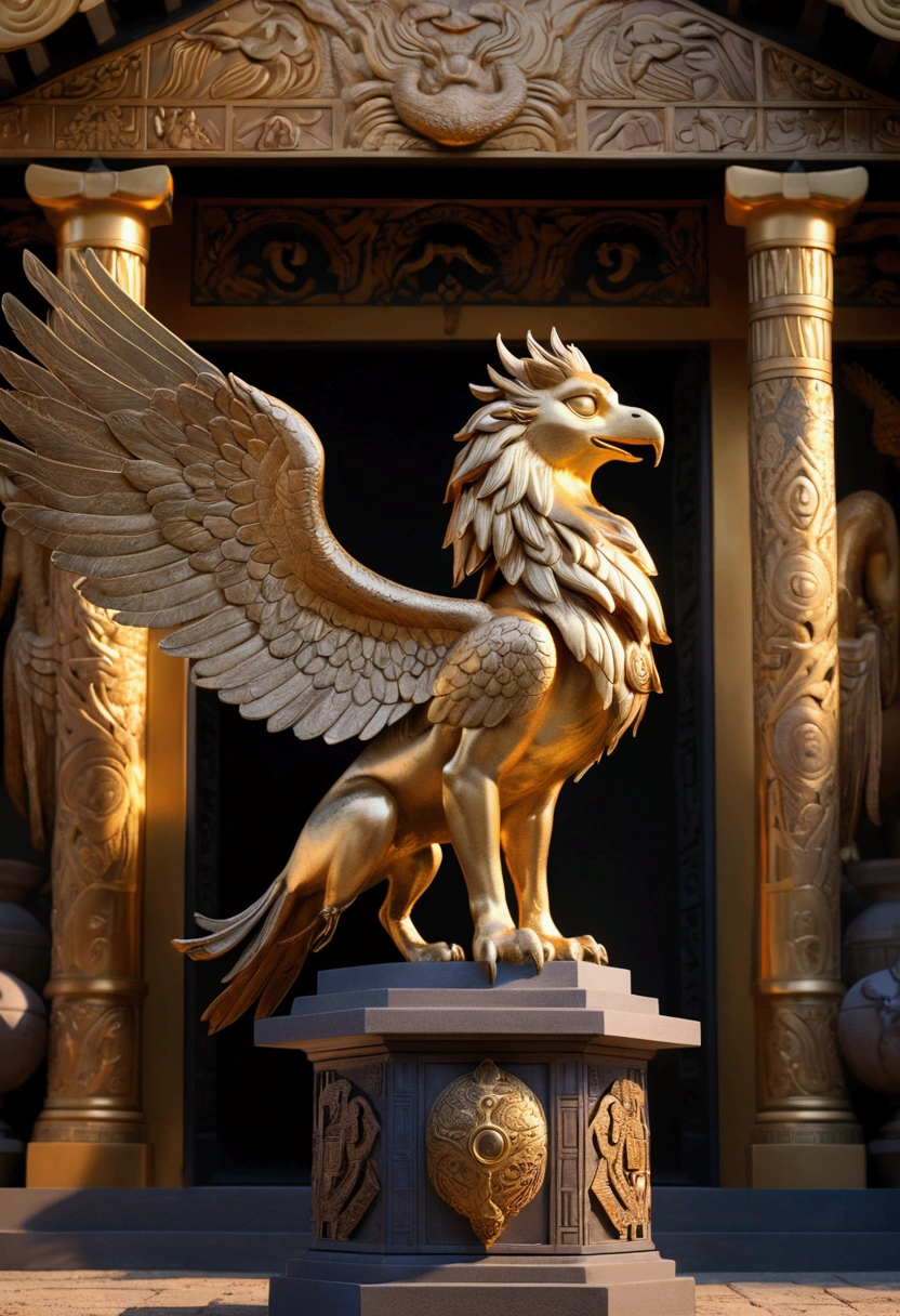 In front of an ancient golden treasure house, a griffin statue stood solemnly, its wings spread out and its eyes sharply gazing into the distance. The colors are mainly gold and bronze, the light and shadow are dominated by the fire of the torch, and the details are reflected in the texture of the statue and the mysterious symbols of the treasure house. Beautiful cinematic lighting, surreal, color graded, dynamic movement, captivating chiaroscuro, full body, award-winning, cinematic still, emotional, vignette, dynamic, vivid, (masterpiece, best quality, photorealistic, Professional, perfect composition, very aesthetic, absurdres, ultra-detailed, intricate details:1.3)