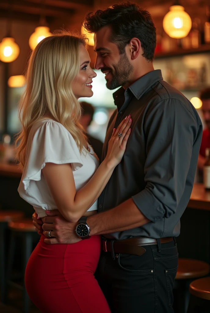 ((A realistic photo)),one woman and one man. The woman has platinum blonde hair, 20 years old. The man is mexican, has 40 years old. Together in a pub. Women dressing a white blouse and red skirt. Man casual clothes black pants and shirt. The woman takes the man's left hand, the man's face is not visible. The image is full shot
