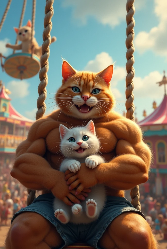 Ik bodybuilder cat Apne bacche ko haanth me pakre hua mela me jhule ki or dekh rha h haste hua jab dono ik jhule me baithe the tb achanak se ik bada jhula unke jhule ke upar gir jata h dono chillate h