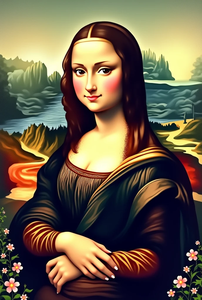 Create an intertextual artwork based on the Mona Lisa painting , and leave the monalisa in anime style , leave it in a 2D anime style