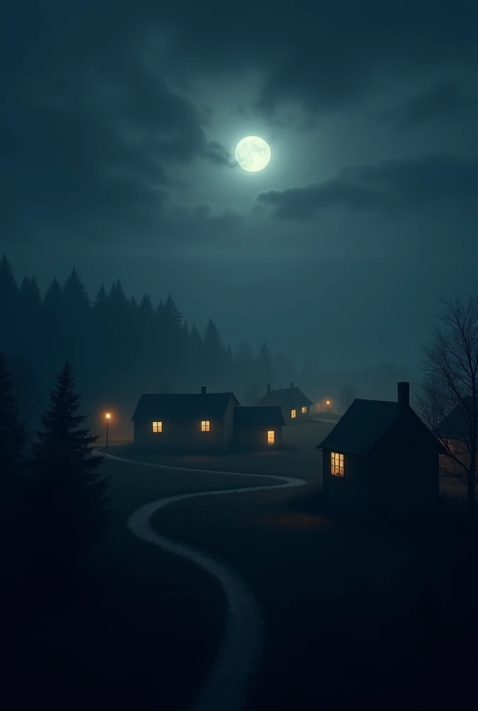 No lights in houses village only moon night dark drone view