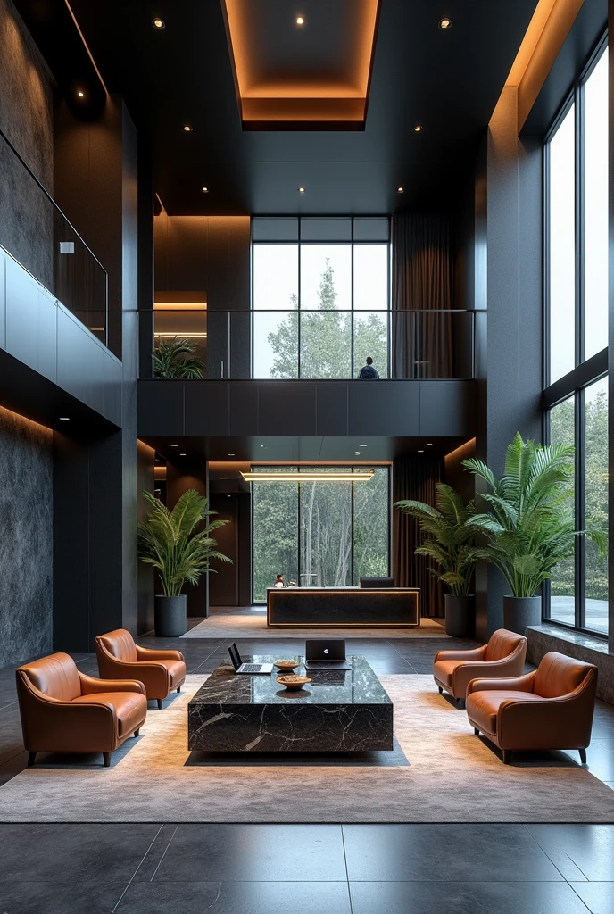 Professional 3d architecture rendering design of modern   And high tech for boticque  hotel’s Labi with  dark slab  stone  and 4 dark brown leather Chairs  and medium  flouting  dark gray marble  station and  2 laptops and coffee table elegant and modern  glassy and silver accessories and  modern windows and  private space for baggage  in the Labi and black slab stone middle table and elegant accessories and modern ceiling lighting and beautiful green space and private space for baggage with silver wall and silver reception 