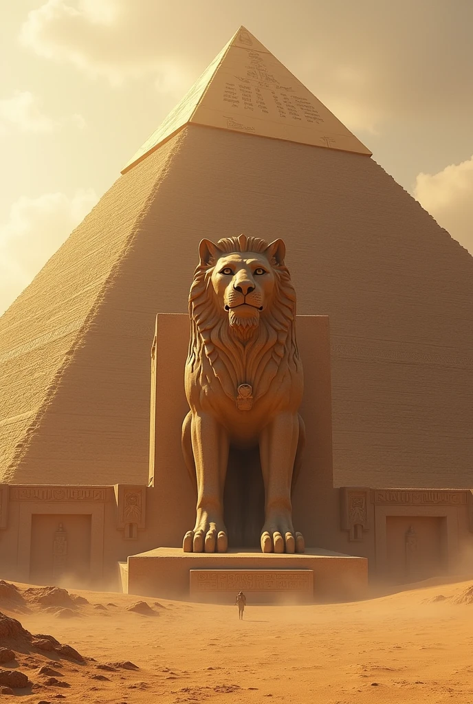 Pyramid with a stone pyramid lion in front