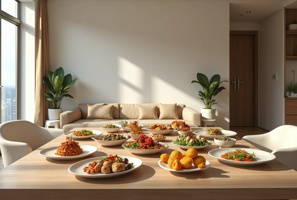 Dining table, food on table, wide angle, Prompts can be generated as follows: "(Best quality,4K,8K,A high resolution,Masterpiece:1.2),Ultra-detailed,(The strokes are delicate，Sharply defined),Large living room, Clean walls，Modern home，Maximalism,A neat and orderly space,Bright and clean environment,warm and inviting atmosphere,contemporary design,Functional furniture, Minimal distractions, Calm and peaceful atmosphere,Soft color palette,Neutral tones,Simple and elegant style,Smooth lines and shapes,Intentional and purposeful arrangement，peacful,Visual harmony,Meticulous attention to detail,Inspiring and motivating environment,Peace of mind,Quiet and peaceful environment,A harmonious balance of function and aesthetics,Superior workmanship and quality,Clear and uncluttered space,Great for intellectual pursuits,There are no distracting or unnecessary elements,Clean and refreshing appearance,Compositions that are cohesive and visually appealing,The harmony of the subject with its surroundings,serene and inviting atmosphere." Be aware of： 1. Don't include any explanatory content，2. tags and commas","Separate 3. Tags are ranked from highest to lowest importance 4. The tag does not contain quotation marks""
