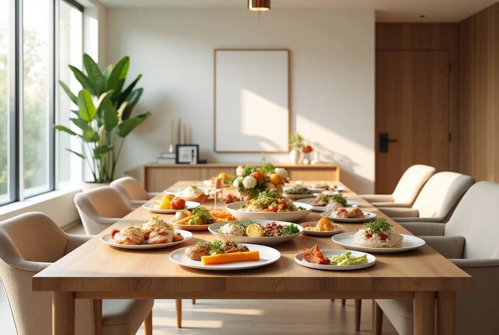Dining table, food on table, wide angle, Prompts can be generated as follows: "(Best quality,4K,8K,A high resolution,Masterpiece:1.2),Ultra-detailed,(The strokes are delicate,Sharply defined),Large living room, Clean walls,Modern home,Maximalism,A neat and orderly space,Bright and clean environment,warm and inviting atmosphere,contemporary design,Functional furniture, Minimal distractions, Calm and peaceful atmosphere,Soft color palette,Neutral tones,Simple and elegant style,Smooth lines and shapes,Intentional and purposeful arrangement,peacful,Visual harmony,Meticulous attention to detail,Inspiring and motivating environment,Peace of mind,Quiet and peaceful environment,A harmonious balance of function and aesthetics,Superior workmanship and quality,Clear and uncluttered space,Great for intellectual pursuits,There are no distracting or unnecessary elements,Clean and refreshing appearance,Compositions that are cohesive and visually appealing,The harmony of the subject with its surroundings,serene and inviting atmosphere." Be aware of: 1. Don't include any explanatory content,2. tags and commas","Separate 3. Tags are ranked from highest to lowest importance 4. The tag does not contain quotation marks""