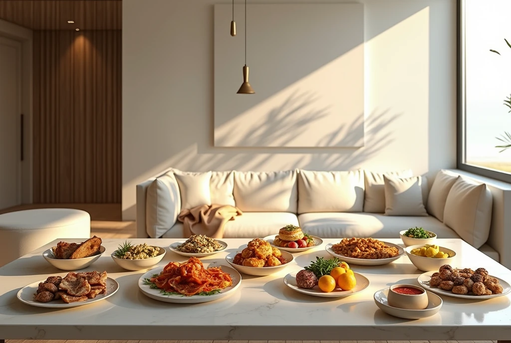 Dining table, food on table, wide angle, Prompts can be generated as follows: "(Best quality,4K,8K,A high resolution,Masterpiece:1.2),Ultra-detailed,(The strokes are delicate，Sharply defined),Large living room, Clean walls，Modern home，Maximalism,A neat and orderly space,Bright and clean environment,warm and inviting atmosphere,contemporary design,Functional furniture, Minimal distractions, Calm and peaceful atmosphere,Soft color palette,Neutral tones,Simple and elegant style,Smooth lines and shapes,Intentional and purposeful arrangement，peacful,Visual harmony,Meticulous attention to detail,Inspiring and motivating environment,Peace of mind,Quiet and peaceful environment,A harmonious balance of function and aesthetics,Superior workmanship and quality,Clear and uncluttered space,Great for intellectual pursuits,There are no distracting or unnecessary elements,Clean and refreshing appearance,Compositions that are cohesive and visually appealing,The harmony of the subject with its surroundings,serene and inviting atmosphere." Be aware of： 1. Don't include any explanatory content，2. tags and commas","Separate 3. Tags are ranked from highest to lowest importance 4. The tag does not contain quotation marks""