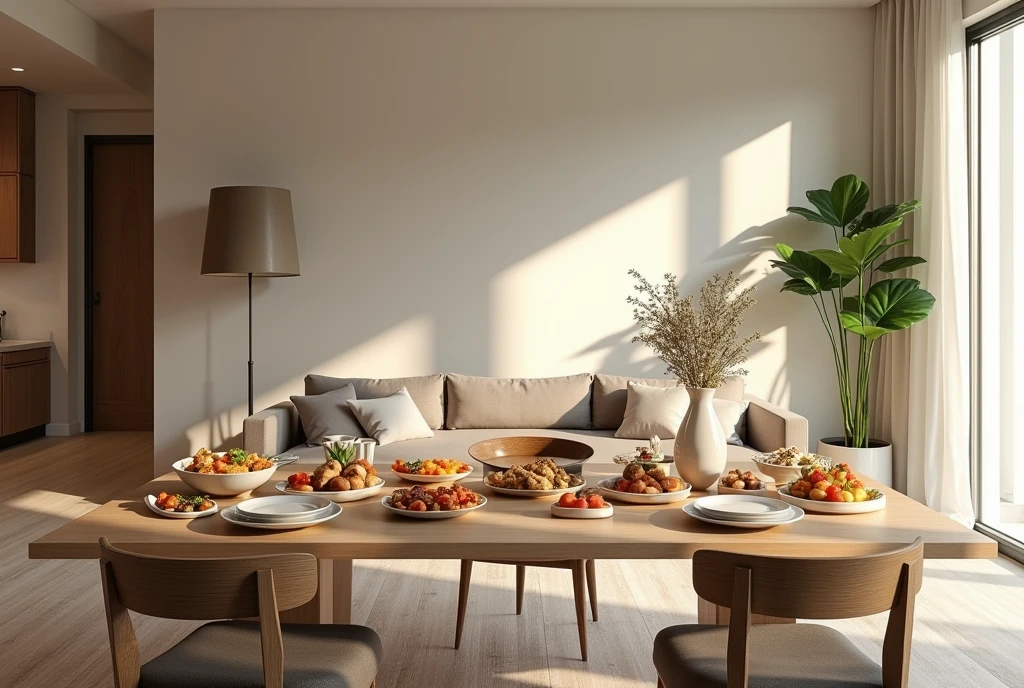 Dining table, food on table, wide angle, Prompts can be generated as follows: "(Best quality,4K,8K,A high resolution,Masterpiece:1.2),Ultra-detailed,(The strokes are delicate,Sharply defined),Large living room, Clean walls,Modern home,Maximalism,A neat and orderly space,Bright and clean environment,warm and inviting atmosphere,contemporary design,Functional furniture, Minimal distractions, Calm and peaceful atmosphere,Soft color palette,Neutral tones,Simple and elegant style,Smooth lines and shapes,Intentional and purposeful arrangement,peacful,Visual harmony,Meticulous attention to detail,Inspiring and motivating environment,Peace of mind,Quiet and peaceful environment,A harmonious balance of function and aesthetics,Superior workmanship and quality,Clear and uncluttered space,Great for intellectual pursuits,There are no distracting or unnecessary elements,Clean and refreshing appearance,Compositions that are cohesive and visually appealing,The harmony of the subject with its surroundings,serene and inviting atmosphere." Be aware of: 1. Don't include any explanatory content,2. tags and commas","Separate 3. Tags are ranked from highest to lowest importance 4. The tag does not contain quotation marks""
