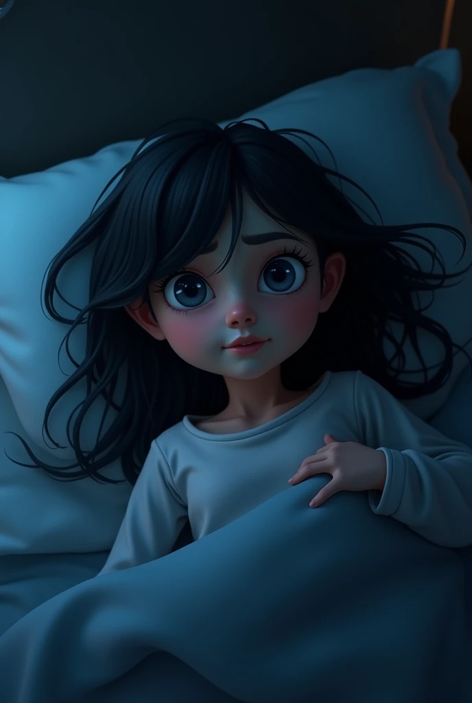 Sentence: "One night, while everyone was asleep, Ayesha heard faint whispers coming from the shadows in her room."Prompt: A dark bedroom at night, with Ayesha lying awake in bed, eyes wide with fear. Faint whispers emanate from the dark corners of the room, with shadows subtly moving.3D animated cartoon