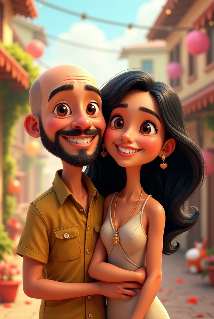 couple bald man with thin beard and woman with black hair smiling Disney Pixar style, high qualiy, best qualityer