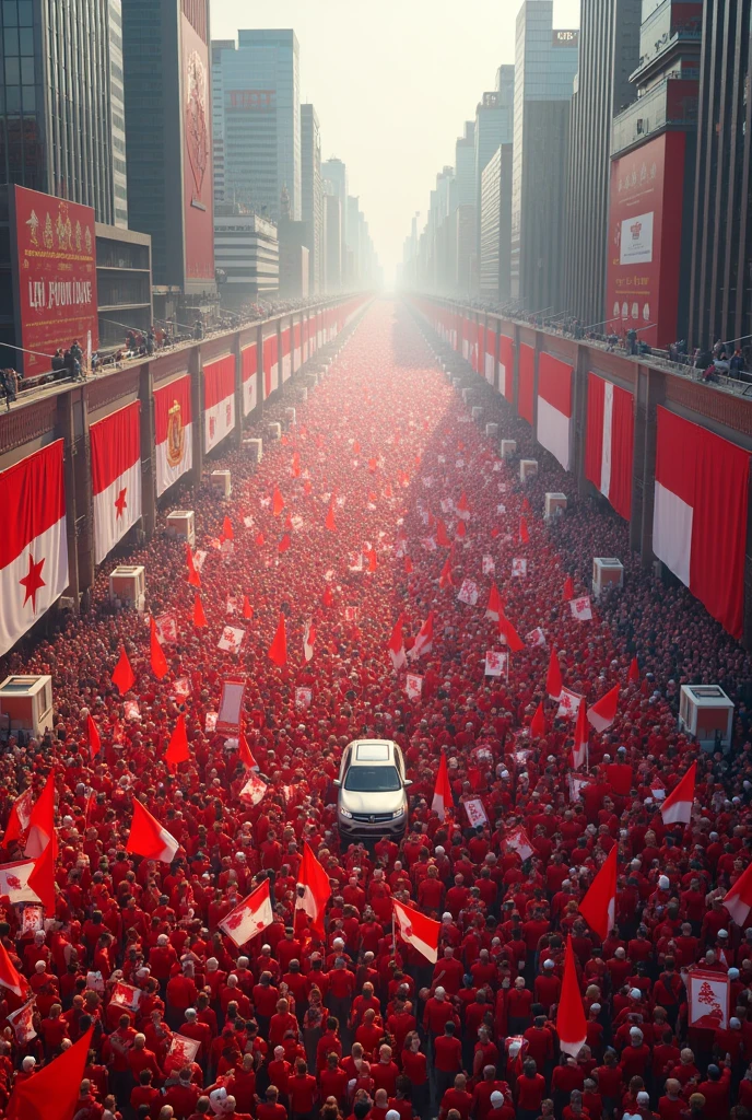 A city center seen from above:crowd of 1 million people dressed in red and white with flags and a car in the middle of the people with 7 politicians in the background 