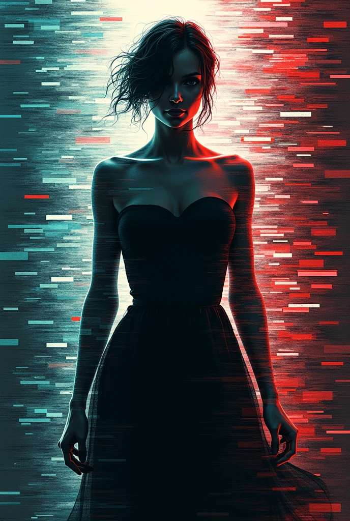 A digital artwork depicting a female figure emerging from a chaotic interplay of noise and signal patterns. The figure's form is accentuated by a contrasting smoothly gradient background. The background is filled with television static-like patterns, some areas appearing crisp and defined while others remain in a state of flux. The overall composition evokes a sense of unpredictability and consistency, capturing the elusive yet stable nature of the figure emerging from the chaos.