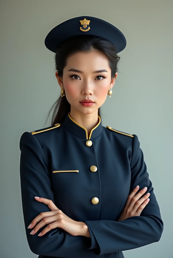 I need a Chinese woman with her arms crossed and a navy hat