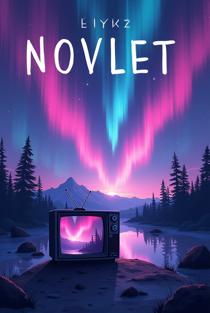 Novel cover with the name novelet written in large letters, with purple blue and pink colors with an aurora borealis with a tv