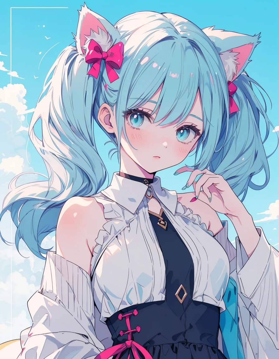 twin tail, rainbow hair color, Idol, Arena, ((masterpiece, best quality:1.5)), ((Beautiful detailed cat aqua eyes:1.2)), cat ears, pale skin, medium breasts, beautiful hands, beautiful fingers, EasyNegative