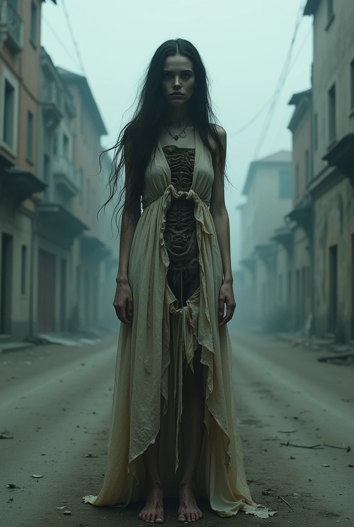 Woman, with long hair, dissected body, using an old and torn dress, in the middle of the wide street, Nevoa.