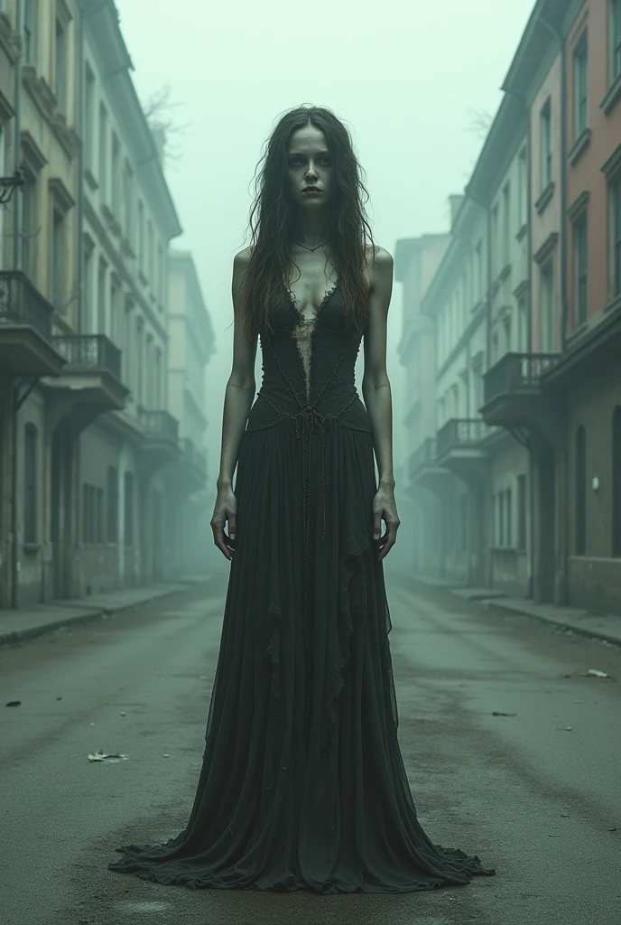 Woman, with long hair, dissected body, using an old and torn dress, in the middle of the wide street, Nevoa.