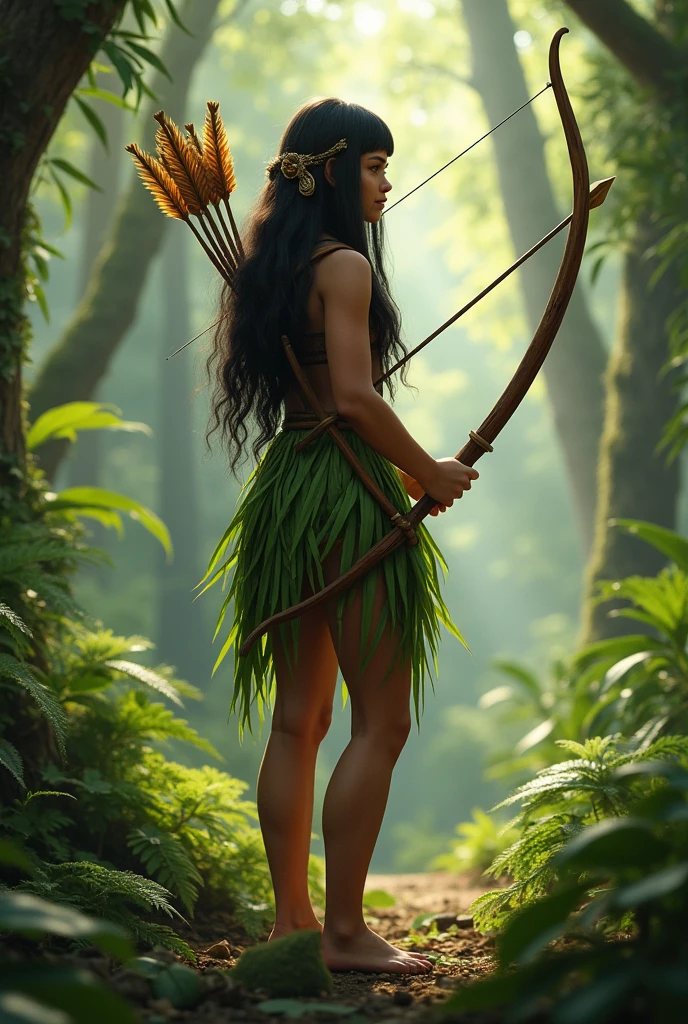  charming young indigenous woman holding a bow and arrow. local: Woodland. 4 k image. long straight hair. whole body. leaf garments 