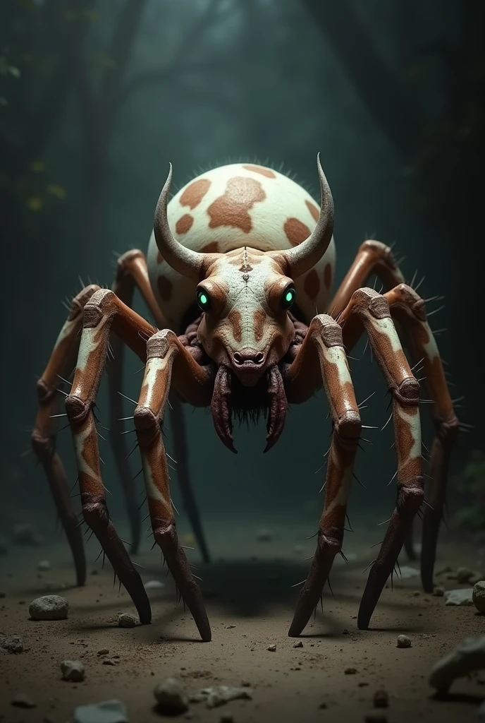Take me a picture of a cow spider with brown toned skin and white spots eight long spiny spider legs with 5 spider eyes