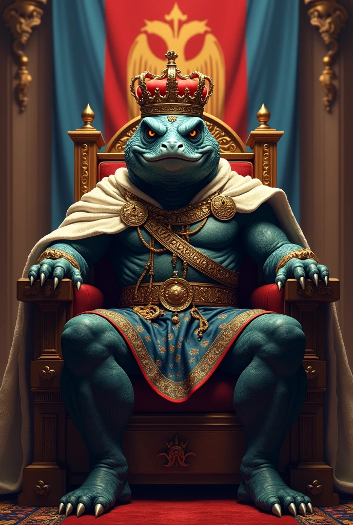 smart, strong, stern piranha king sitting on the throne in the Armenian court, with a serious look, a crown on the piranha's head, wearing an Armenian royal dress, the Armenian flag and coat of arms on the back, and his paws and legs covered by the Armenian dress he wears