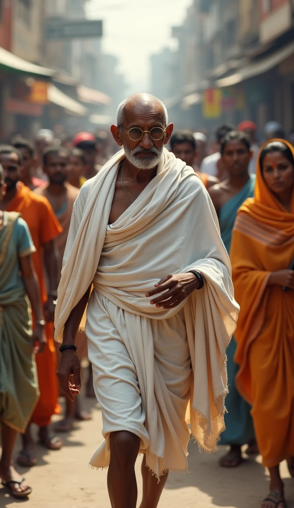 Photorealistic, mahatma Gandhi,walking around the people on the street in india, people follow on the behind