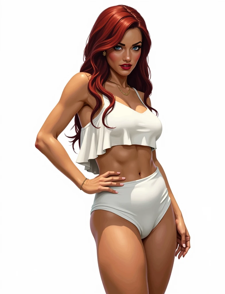 (masterpiece, best quality)), ((((perfect anatomy)))), Curvy Latina with long red hair, dark eyeshadow, dark red lipstick, white bra, (((big white hanes cotton panties))), (((pixel art, pixel, realistic art style)))