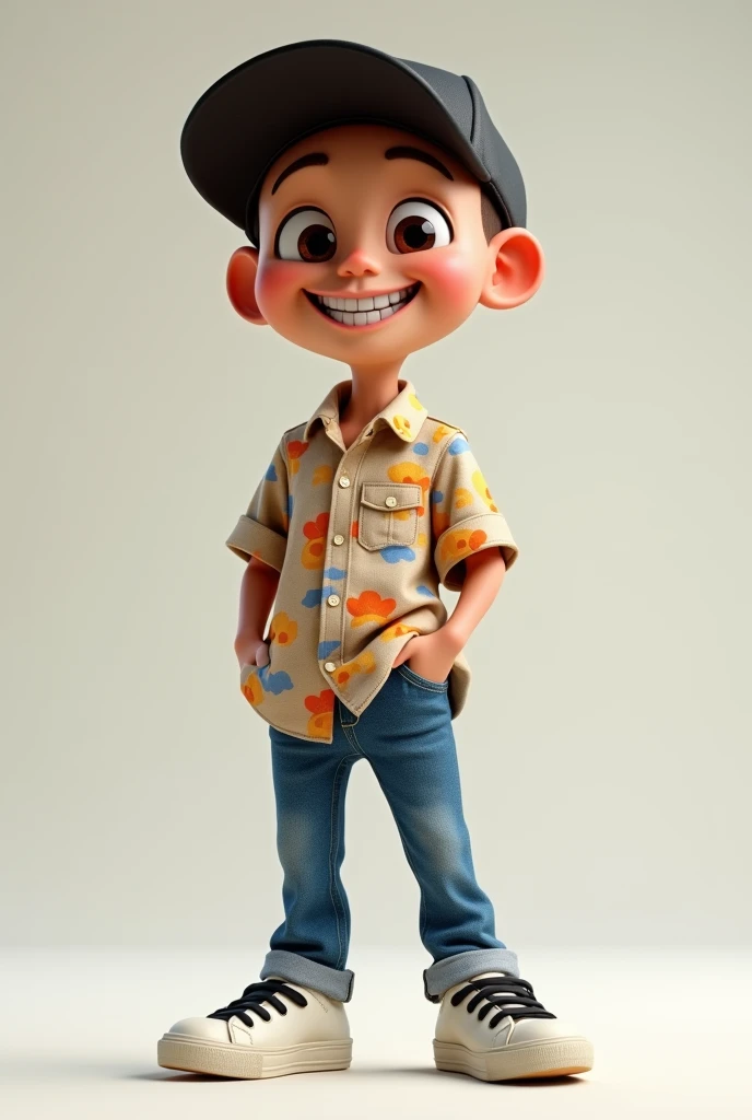  Standing full body,
slim, pointed head,  shy smile showing teeth a little happy face, fair brown-skinned, bald head,eyes browns, bushy eyebrows, fine nose, small mouth , colorful animal shirt, jeans, 1 hand in pocket and wearing white sneakers with black laces, Black cap, art style 3d realistic cute, whole image, high quality image