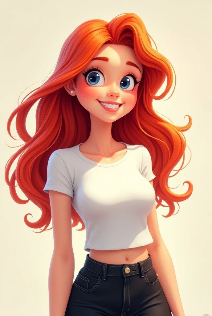 Animated red haired vhica with black pants and white t-shirt
