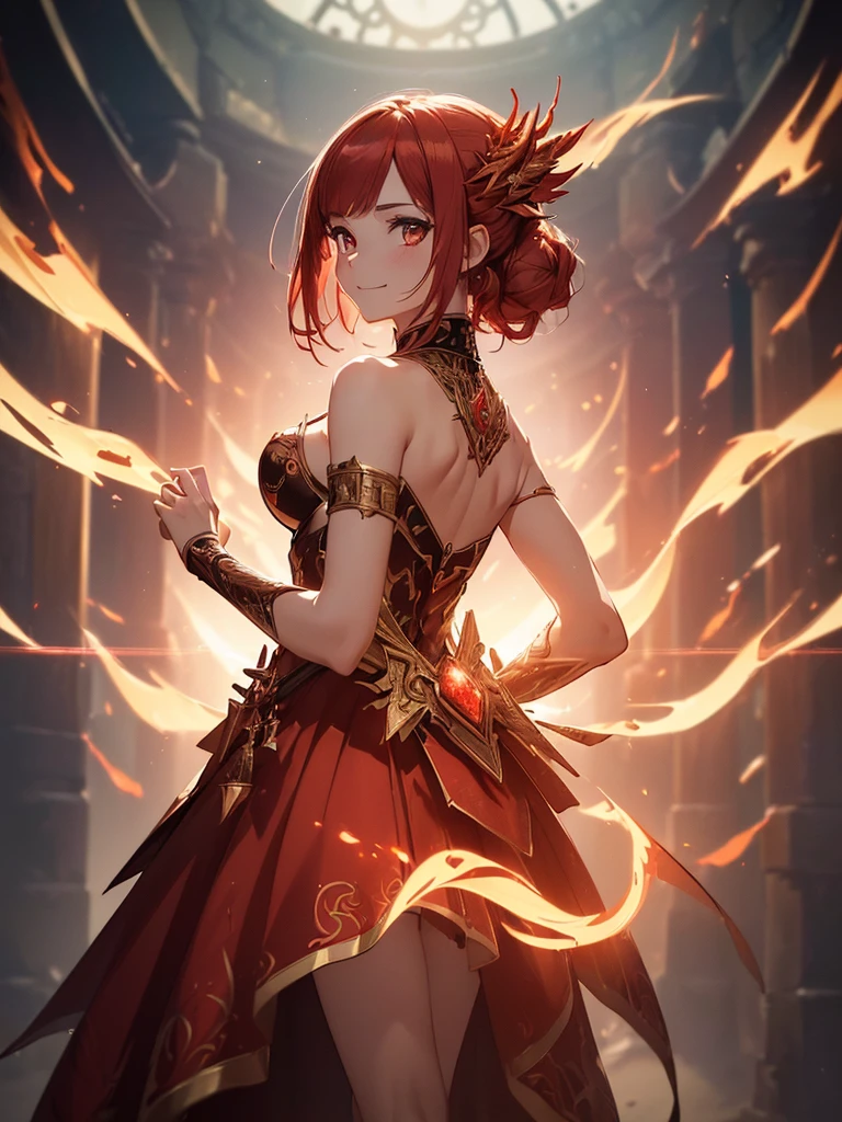 (((best quality, sharp image, clear image, cinematic lighting, 8k resolution, masterpiece, ultra detailed, intricate))) Girl, sorcerer, cute, intricate dress, smiling, fiery red, ((intricate background)), (rune frame), dimension, ((shot from behind)), fire sigils, chaotic background, ((half-body shot))