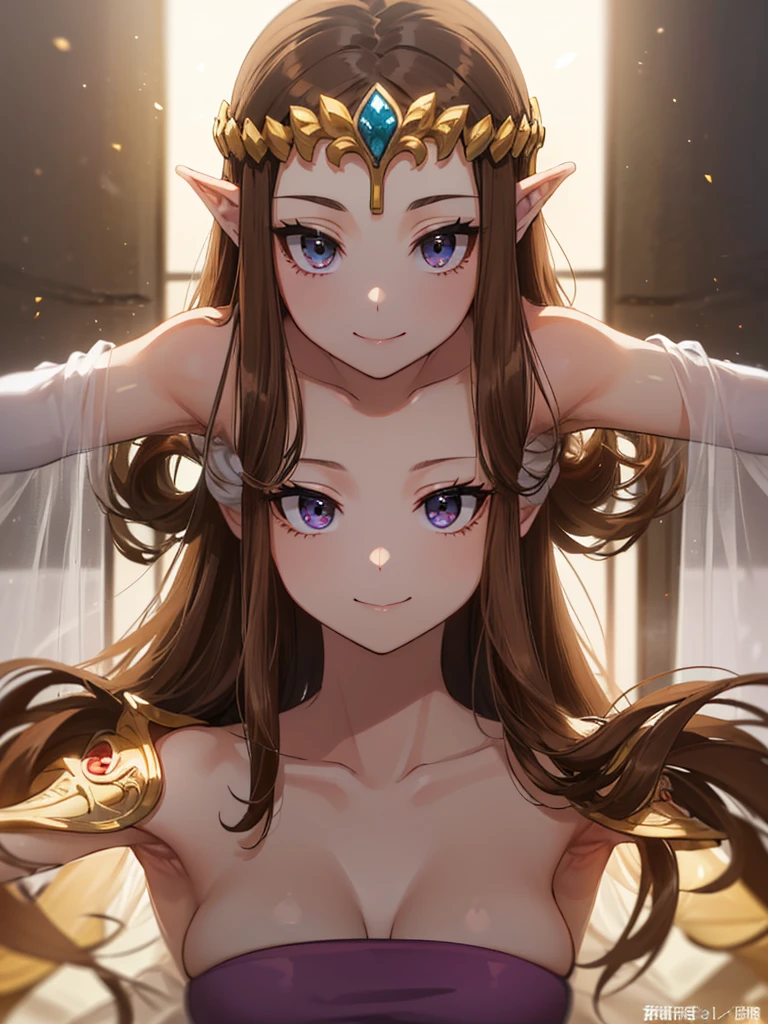 (((Face close-up))),(((No background))),(Expressionless),(((Show your armpits)))))),((Upper Body)),((alone)),(())),Anime art style,masterpiece,(Highest quality), (Super detailed),(Very delicate and beautiful),(alone),(detailedな顔と目),Beautiful eyes like jewels,(A truly gorgeous jeweled ruffled rococo ball gown ドレス),(((Mature Woman,Queen))),((1 Queen in a beautiful embroidery and jeweled absolutely gorgeous rococo ballgown ドレス with voluminous full length hoop skirt)),((crinoline)),,((Straight hair galore,Very long straight hair with plenty of volume,Super long straight hair)),,Cleavage,(bed),length_gloves,Very gorgeous hair accessories、((((front)))),((((Adult Expressions)))),((((Beautiful Face)))),((((topless))),(()),(((Long Hair)))),((((Straight hair)))),((Cleavage)),((((Dark brown hair)))),Princess Zelda,((chest is slightly exposed)), ((Highest quality)),,(Very detailed) ,((Purple Blouse)),(((Raking up hair with one hand))),Brown Hair,(()),, ((Highest quality)), (Very detailed),((detailed)),(((smile))),Nintendo, The Legend of Zelda),,((alone)), ((Highest quality)), (Very detailed), ,