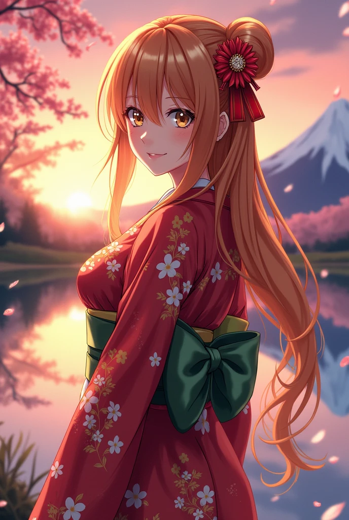 asuna, masterpiece, best quality, detailed, (1girl), solo, detailed golden eyes, long hair, standing, close to viewer, (detailed kimono), light smile, medium breasts,  (arms behind back), water, sunset, (hair ornament), (Sakura bloom),  snow mountain lake in the background