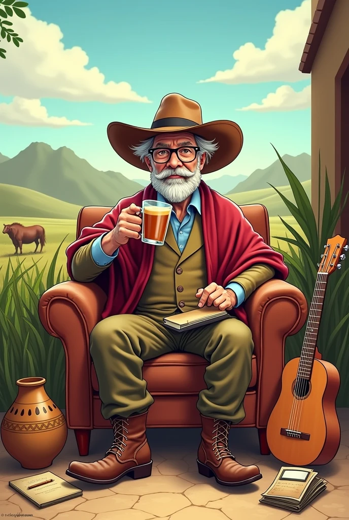 Create a very funny illustration of a psychologist similar to Freud wearing gaucho clothes and drinking chimarrão