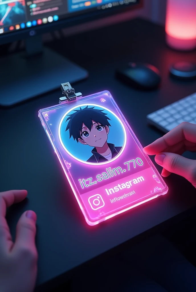 creat a instagram profile and glass id card on a black desk displaying instagram logo and realistic profile photo of a anime boy in circle and " itz.salim.770 " is written in bold fonts under the profile photo and "171 follower" written the instagram card is glowing in pink and blue color on the edge, one corner is held with two finger