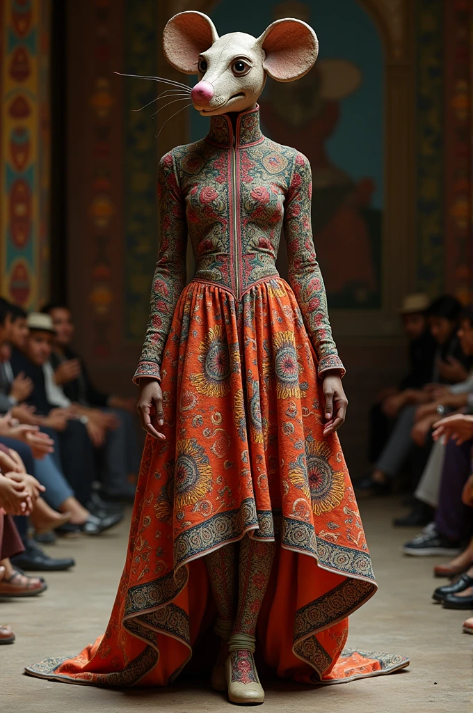 Design an image of a collection of dresses inspired by the Nicaraguan macho ratón or güegüense for an international catwalk with an elegant and high-fashion concept