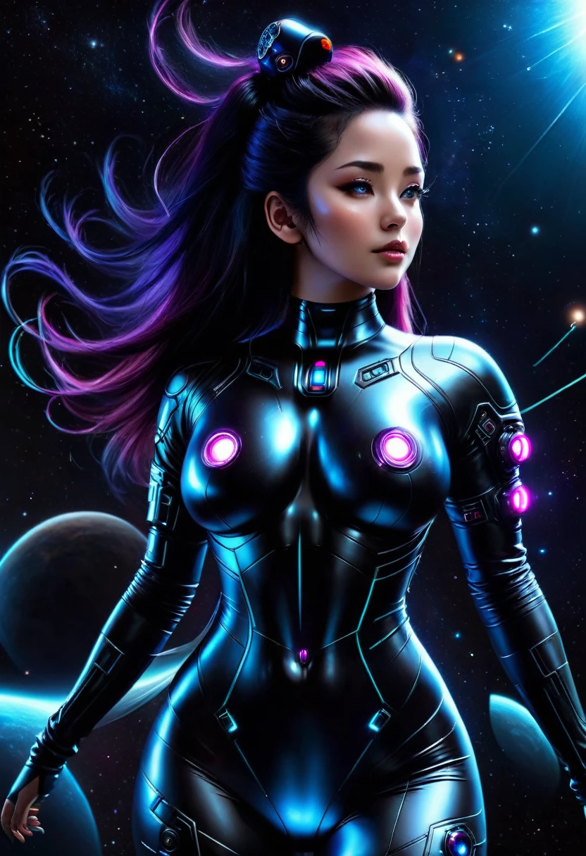 astronaut woman,big breasted ,Cyberpunk ,bodysuit ,skintight suit ,space,spaceship ,planets,sexy,saggy breast ,curvy figure ,