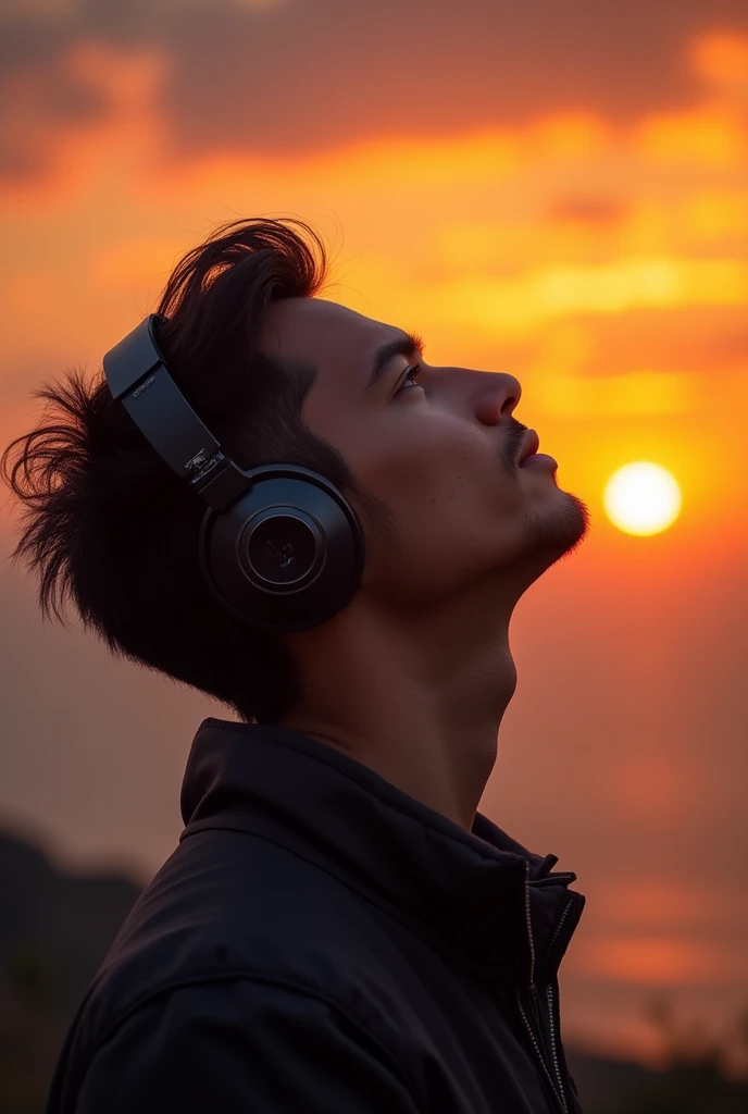 Real guy wearing headphones, Watching the sunset and turning his face to the sky and only the earphone is clear" -- Ali and