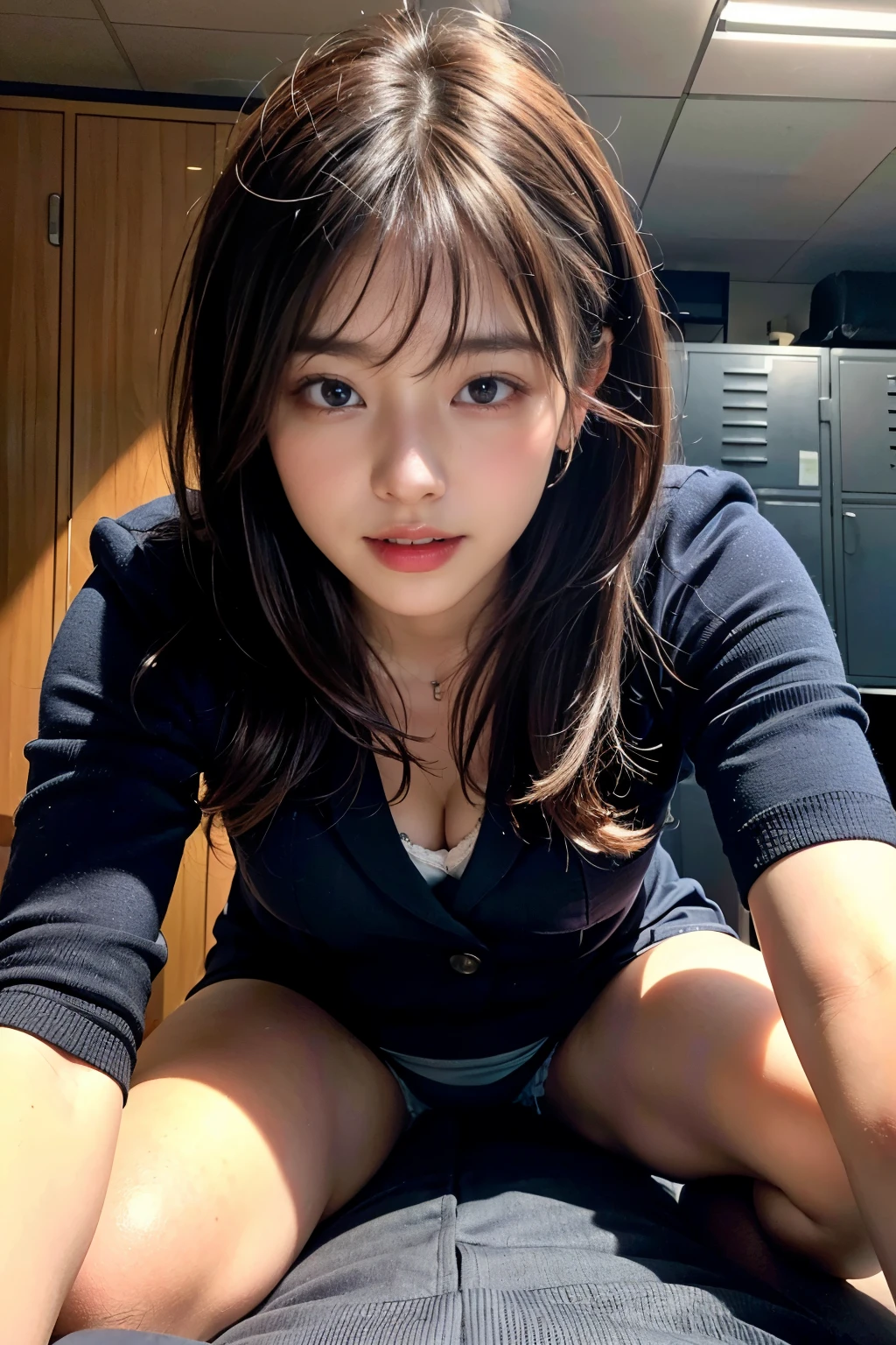 8k, RAW Portrait (Japanese women),masterpiece、Realistic:1.2、Realistic, Ultra-high resolution, Highest quality, Real Life Photos ,( in the evening :1.1),((Wearing a suit))、((Tight Skirt))、At the company、career woman、
((((1 female:1.5))))、Japanese women,((office lady)),Slender body,locker room、At work、(((Lying on your back on a desk)))、
、big, beautiful, fine grain, Black Hair,(Written boundary depth:1.3)、 ((Dark brown eyes:1.2))、(Realistic skin texture:1.3)、(Immersive atmosphere:1.2、Chiaroscuro:1.2) 、(Viewer:1.4)、((Embarrassed look:1.4))、((Red cheeks:1.3))、((From belowの天井:1.2))、(smile:0.9)、((Wearing very thin and slim panties))、((Panty shot))、((A woman rolling up her skirt))、((From below:1.15))、((Panties close up:1.5))、((Spread your legs out to the side:1.4))、Panty Shot、