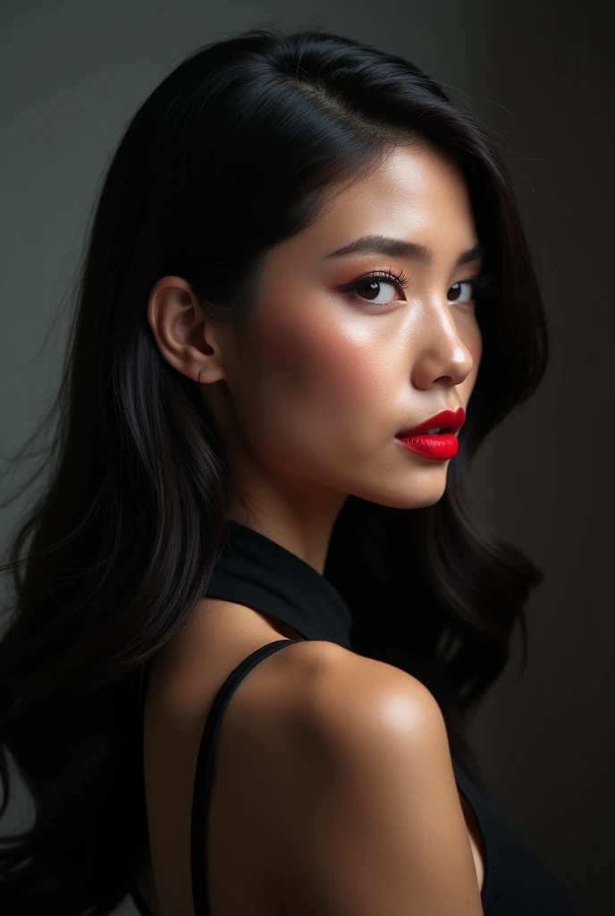 arafed woman with long hair and red lipstick posing for a picture, ekaterina, profile image, red lips, professional picture, 30 years old woman, 3 0 years old woman, angiewolf, photo of džesika devic, professional profile picture, moleksandra shchaslyva, with straight black hair
