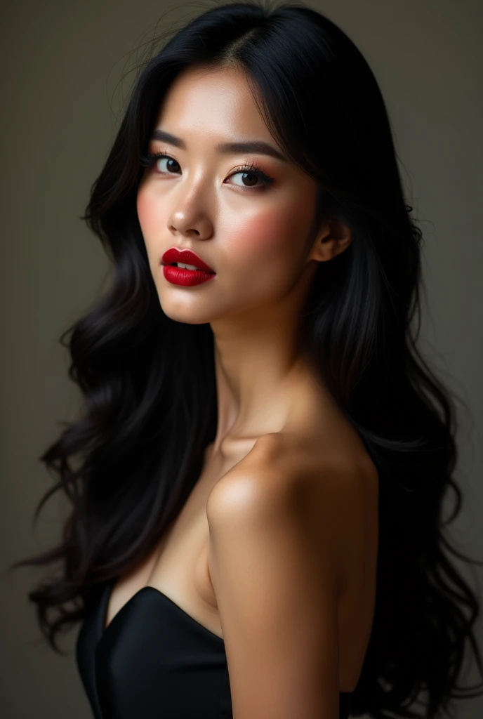 arafed woman with long hair and red lipstick posing for a picture, ekaterina, profile image, red lips, professional picture, 30 years old woman, 3 0 years old woman, angiewolf, photo of džesika devic, professional profile picture, moleksandra shchaslyva, with straight black hair