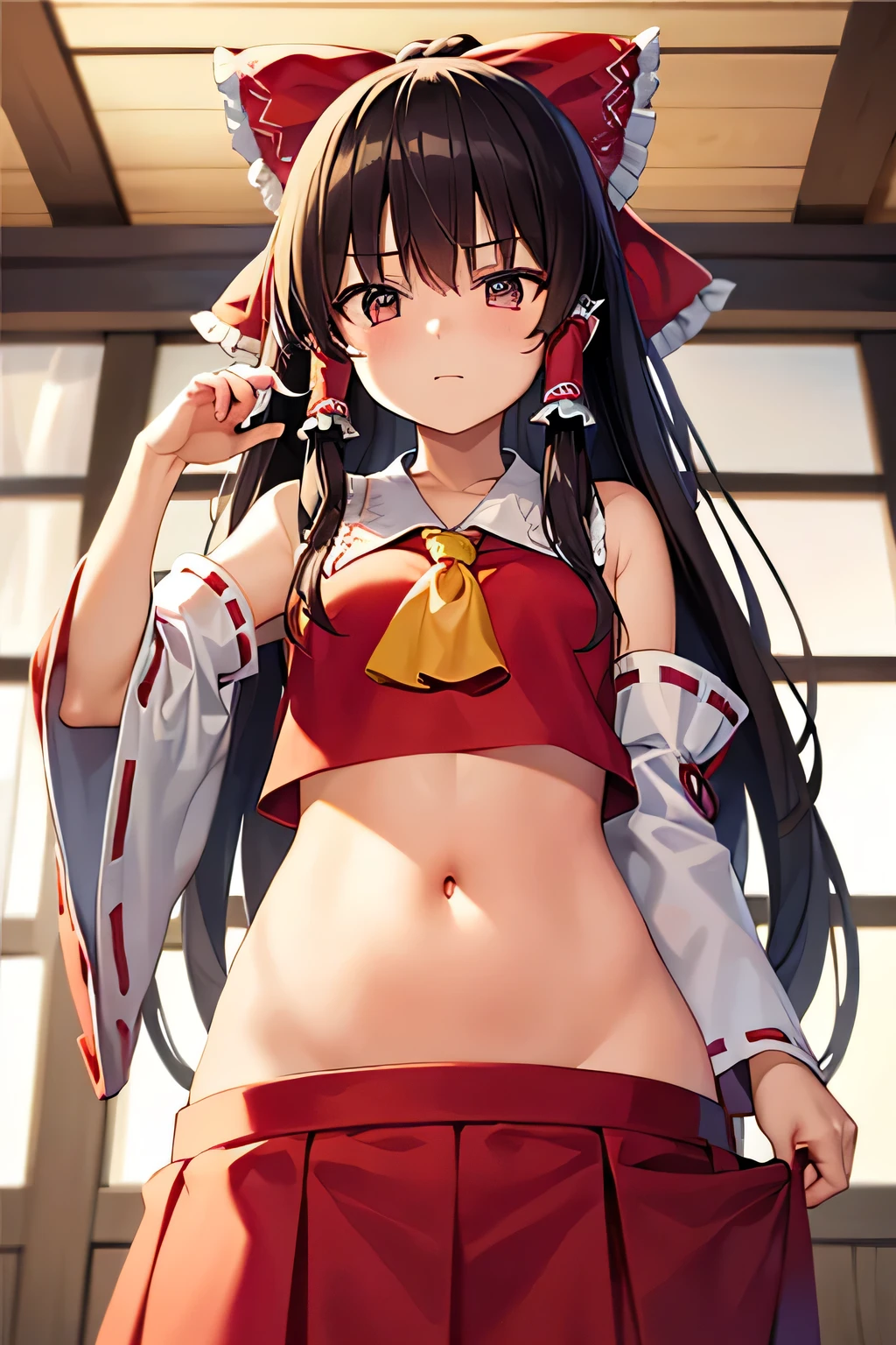 super fine illustration, vibrant colors, masterpiece, sharp focus, best quality, depth of field, cinematic lighting, ultra detailed, belly, belly button, bellybutton, navel, tummy, shrine maiden, hakurei reimu, 1girl, hair bow, ascot, hair tubes, detached sleeves, looking down, red shirt, red skirt, long skirt, very long hair, dark brown hair, mature woman, hakurei reimu, 1girl, hair bow, ascot, hair tubes, miko, detached sleeves, Reimu Hakurei, indoors, stretching back