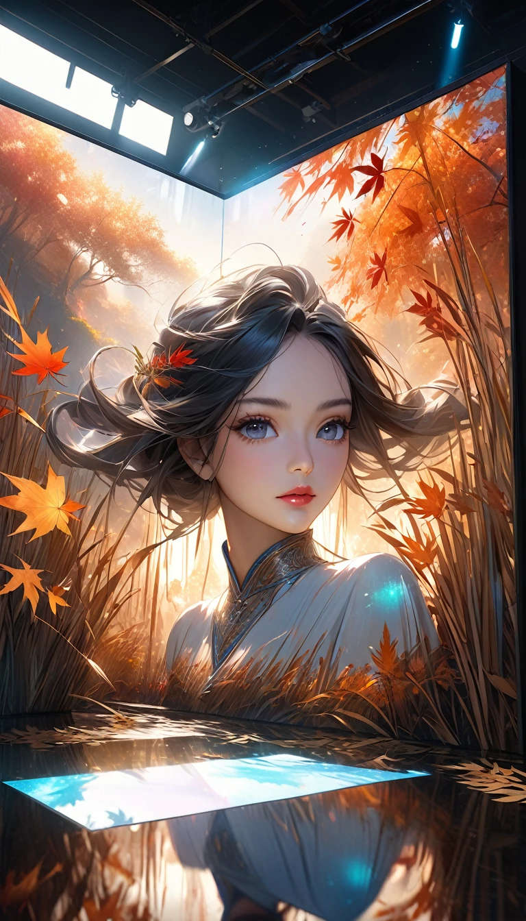 Reed landscape, bright canvas, The reed leaves are fluttering, Transparent holographic reflection, Surreal landscape made of reed leaves, Leaves viewers speechless, 
A beautiful world, 1 Indian woman, detailed eyes, Black eyes, detailed lips, very detailed face, long eyelashes, Beautiful and detailed portraits, elegant, tranquil expression, autumn, high quality, 8k, 
realistic, surrealist, studio lighting, Physically Based Rendering, vivid colors, movie lights, dramatic lighting, soft lighting,
 dramatic contrast, clear, ethereal, dreamlike, mysterious, magical, fancy, concept art