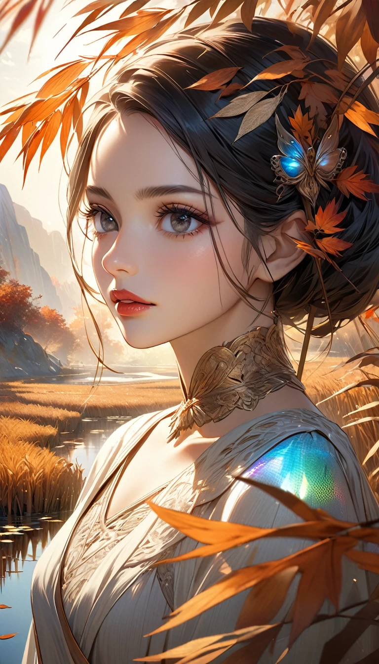 Reed landscape, bright canvas, The reed leaves are fluttering, Transparent holographic reflection, Surreal landscape made of reed leaves, Leaves viewers speechless,
A beautiful world, 1 Indian woman, detailed eyes, Black eyes, detailed lips, very detailed face, long eyelashes, Beautiful and detailed portraits, elegant, tranquil expression, autumn, high quality, 8k,
realistic, surrealist, studio lighting, Physically Based Rendering, vivid colors, movie lights, dramatic lighting, soft lighting,
dramatic contrast, clear, ethereal, dreamlike, mysterious, magical, fancy, concept art
