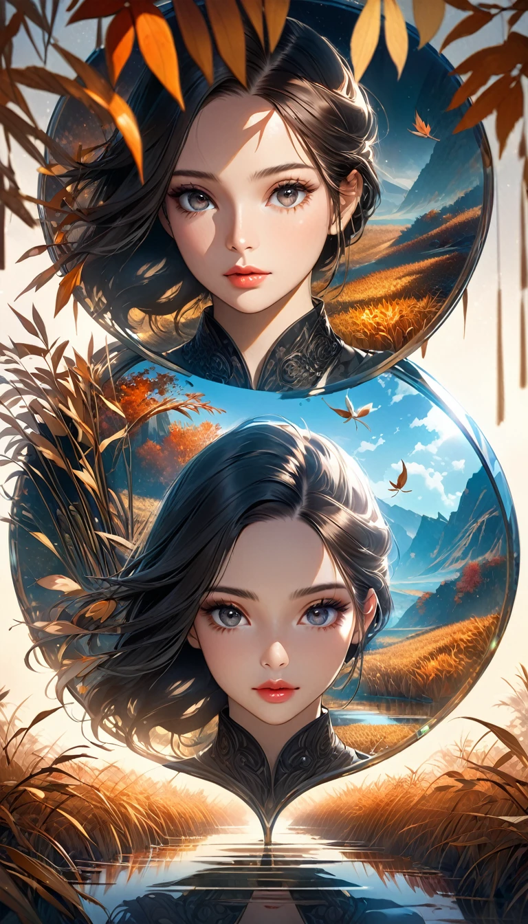 Reed landscape, bright canvas, The reed leaves are fluttering, Transparent holographic reflection, Surreal landscape made of reed leaves, Leaves viewers speechless, 
A beautiful world, 1 Indian woman, detailed eyes, Black eyes, detailed lips, very detailed face, long eyelashes, Beautiful and detailed portraits, elegant, tranquil expression, autumn, high quality, 8k, 
realistic, surrealist, studio lighting, Physically Based Rendering, vivid colors, movie lights, dramatic lighting, soft lighting,
 dramatic contrast, clear, ethereal, dreamlike, mysterious, magical, fancy, concept art