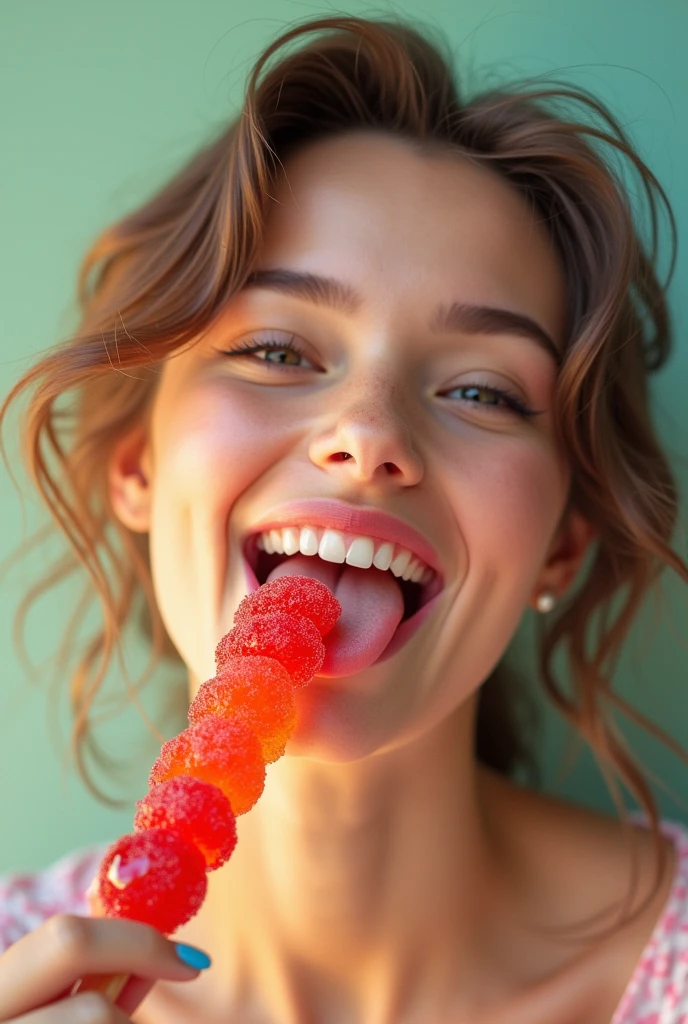 A very cute woman with her mouth open and tongue out, showing the gummy lollipop on her tongue、Gummy commercial、