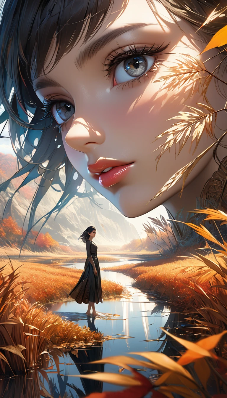 Reed landscape, bright canvas, The reed leaves are fluttering, Transparent holographic reflection, Surreal landscape made of reed leaves, Leaves viewers speechless,
A beautiful world, 1 Indian woman, detailed eyes, Black eyes, detailed lips, very detailed face, long eyelashes, Beautiful and detailed portraits, elegant, tranquil expression, autumn, high quality, 8k,
realistic, surrealist, studio lighting, Physically Based Rendering, vivid colors, movie lights, dramatic lighting, soft lighting,
dramatic contrast, clear, ethereal, dreamlike, mysterious, magical, fancy, concept art